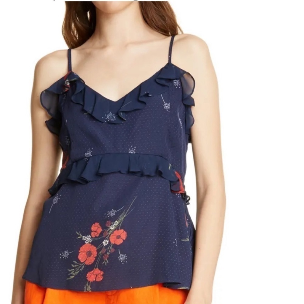 JOIE Aisling Poppy Print Ruffle Camisole Floral Tank Navy Size 0 NWT